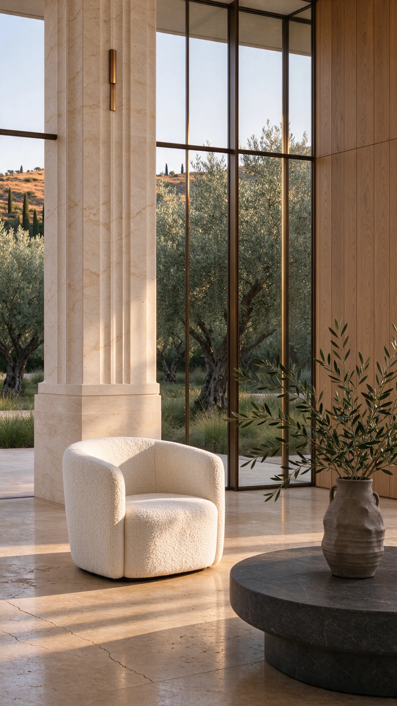 Salon contemporain baigné de lumière, fauteuils bouclette et pierre naturelle