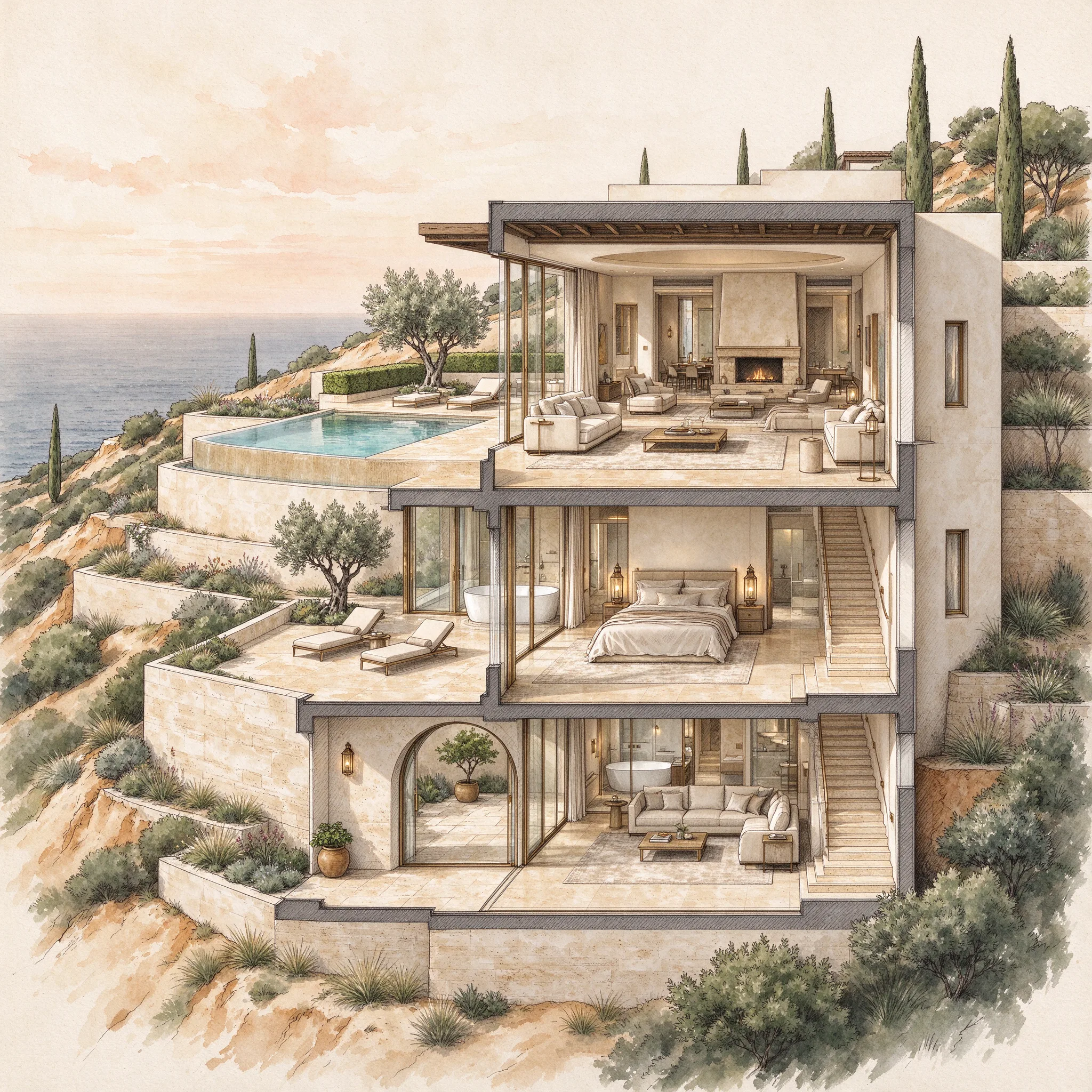 Coupe architecturale d'une villa sur trois niveaux avec vue mer