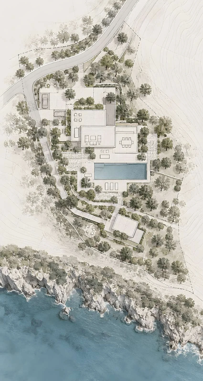 Plan masse aquarellé d'une villa en bord de mer