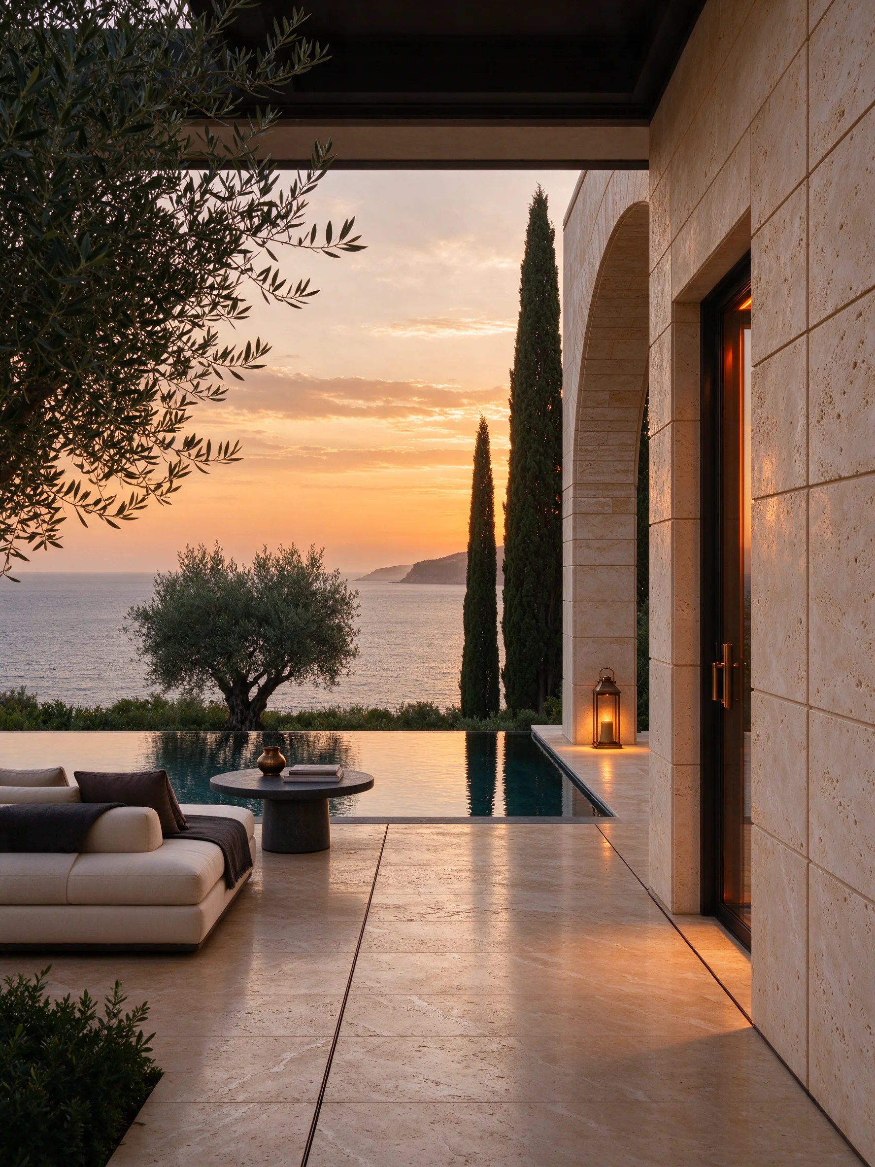 Piscine à débordement face à la mer au coucher du soleil
