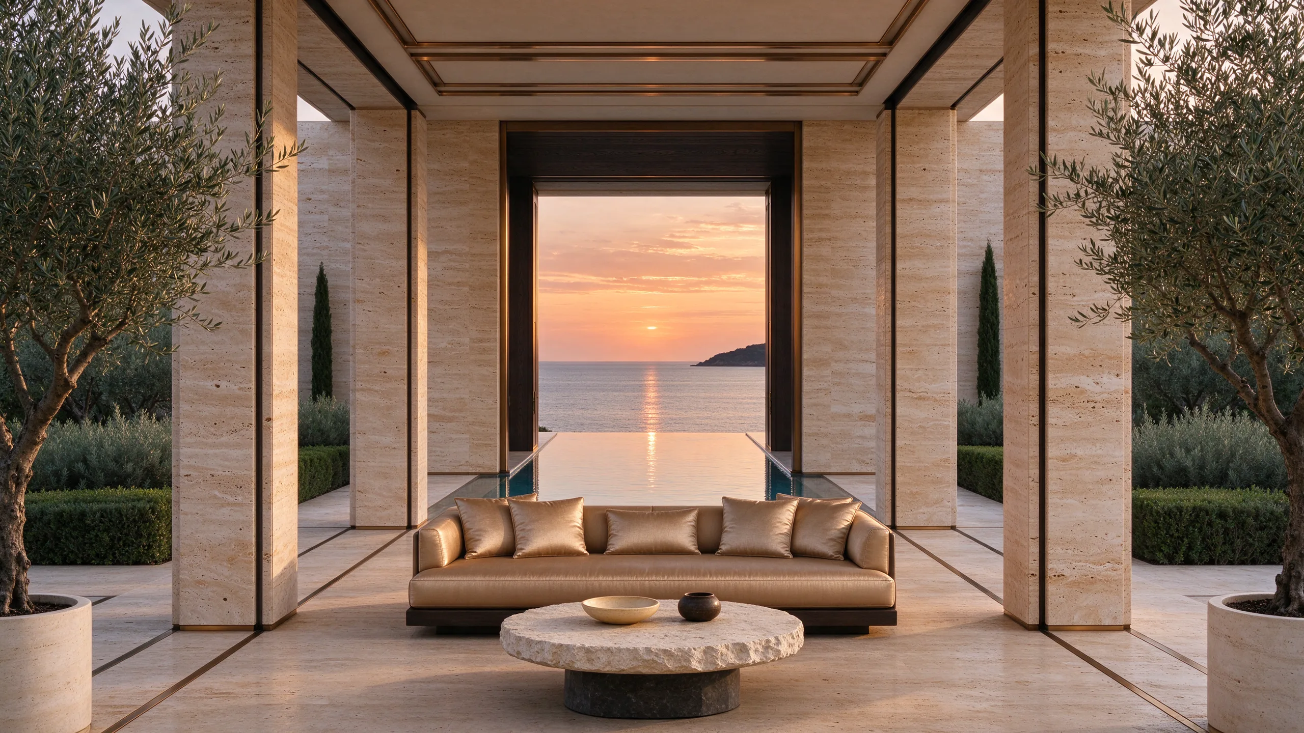 Vue depuis une loggia en travertin vers la piscine et la mer au coucher du soleil